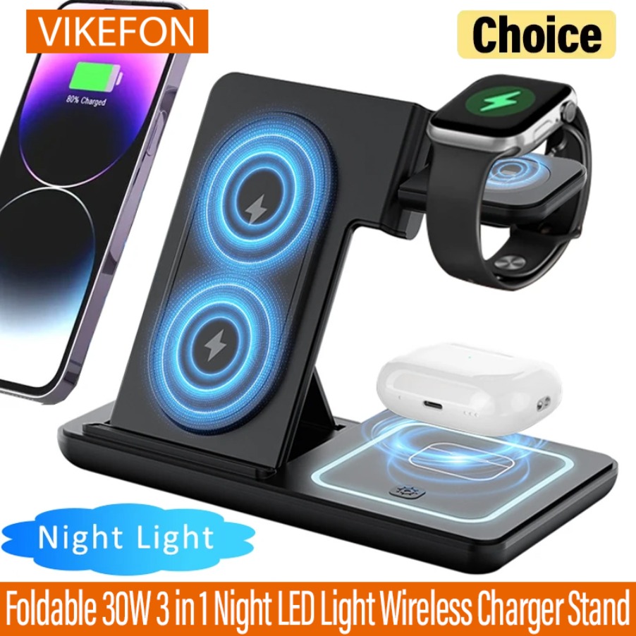 Wireless Charger 3 In 1 - 3-in-1 faltbares Nacht-LED-Licht, kabelloser Ladeständer für
